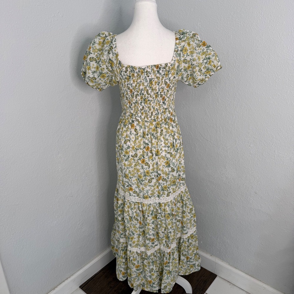 Japna Floral Cotton Maxi Dress Twist Front Puff Sleeve Lace Trim Yellow Green M - Picture 4 of 5